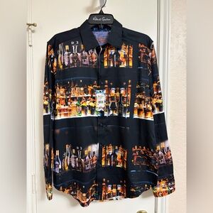 Men's Black Graphic Bottle-Print Button-Up Shirt